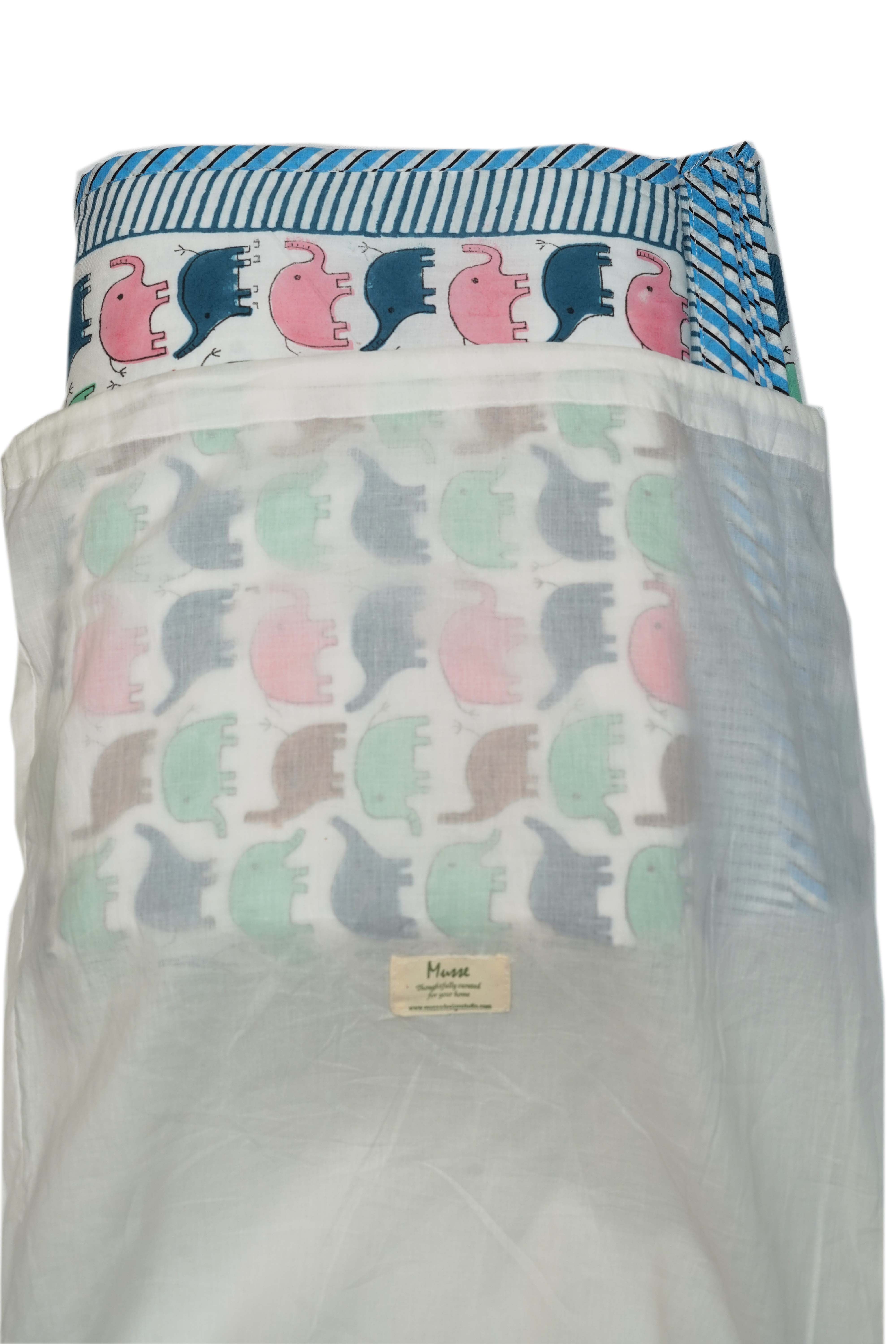 Baby blanket with elephant pattern and striped border on a white background